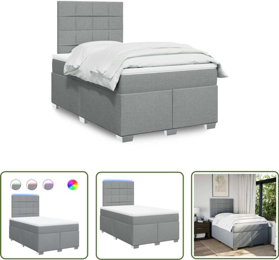 VidaXL Boxspring met matras stof lichtgrijs 120x200 cm Boxspring Slaapcomfort Matras Led Verlichting Hoofdbord