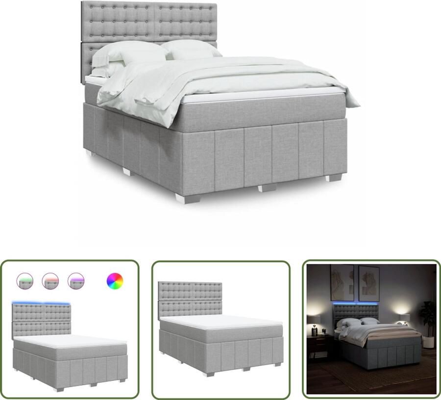 VidaXL Boxspring met matras stof lichtgrijs 140x200 cm Boxspring Slaapcomfort Led Verlichting Boxspring Bed Matras
