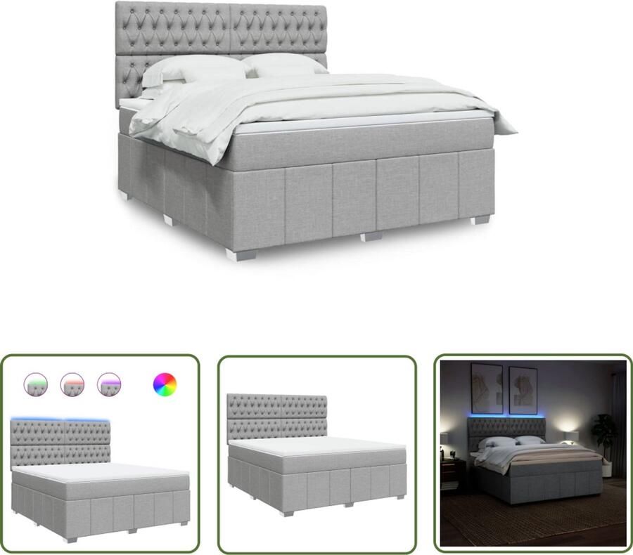 VidaXL Boxspring met matras stof lichtgrijs 180x200 cm Boxspring Slaapcomfort Led Verlichting Matras Hoofdbord