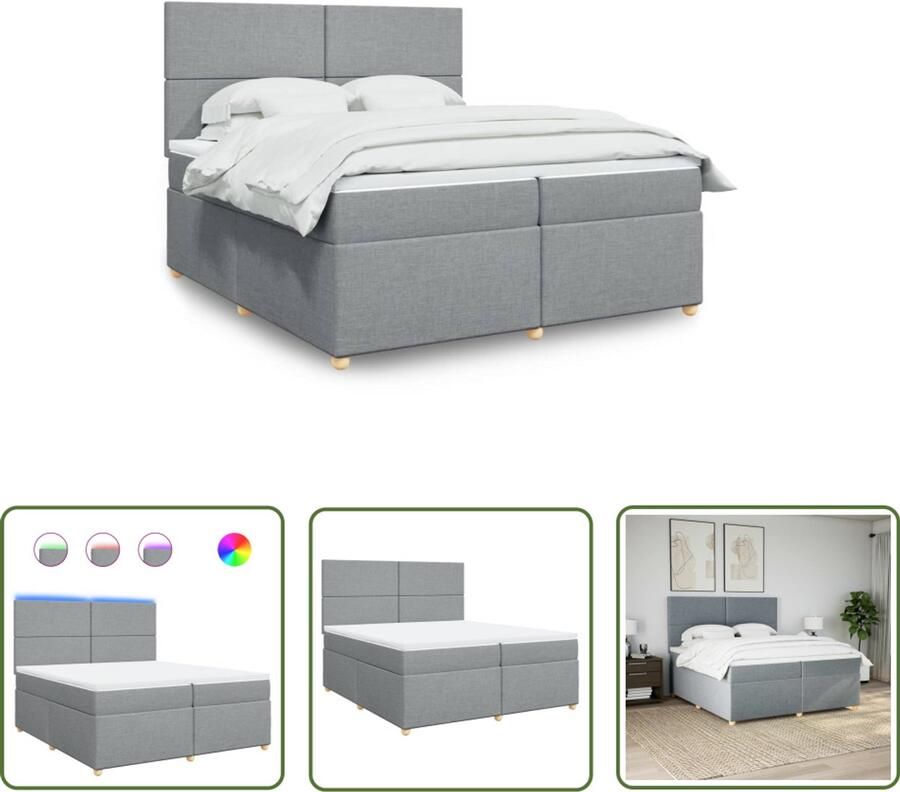 VidaXL Boxspring met matras stof lichtgrijs 200x200 cm Boxspring Slaapcomfort Pocketveringmatras Led Verlichting Hoofdbord
