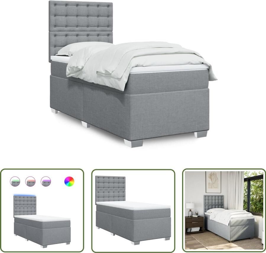 VidaXL Boxspring met matras stof lichtgrijs 80x200 cm Boxspring Slaapcomfort Led Lamp Pocketed Veren Matras Stoffen Bed Frame