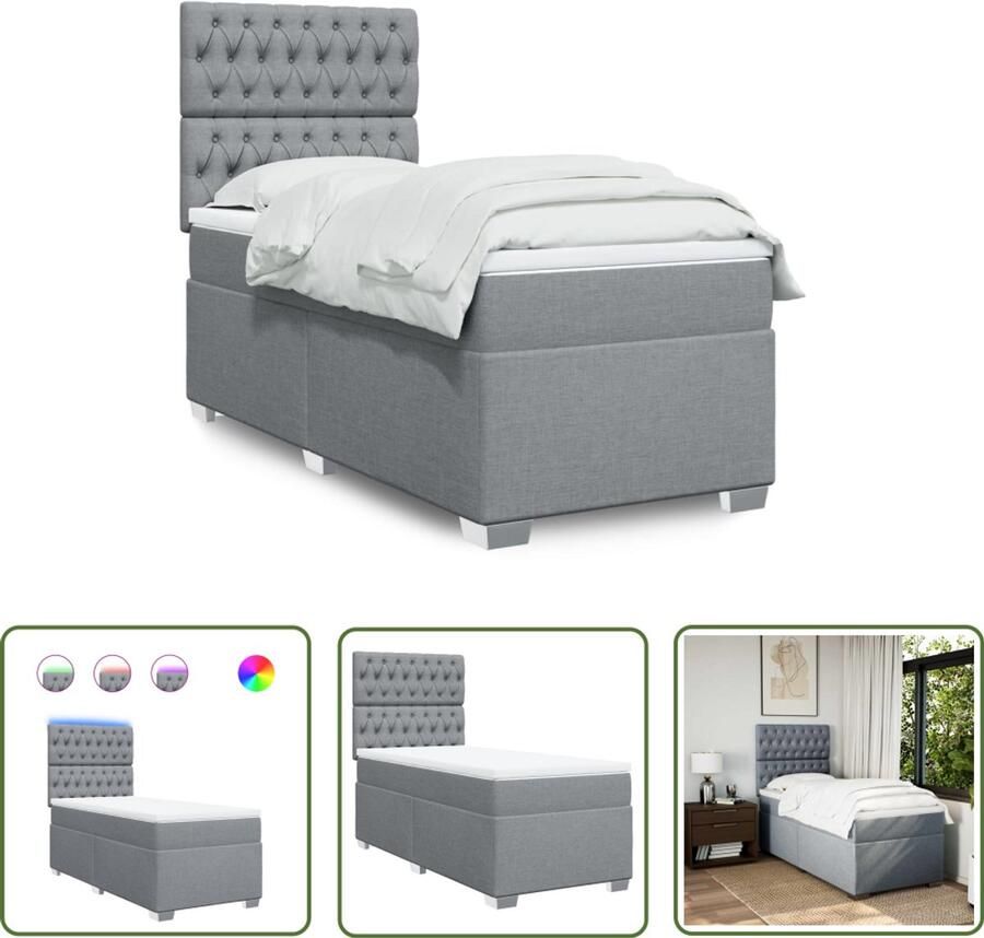 VidaXL Boxspring met matras stof lichtgrijs 90x200 cm Boxspring Slaapcomfort Boxspringbed Led Verlichting Pocketed Veren
