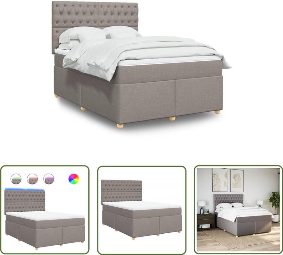 VidaXL Boxspring met matras stof taupe 140x200 cm Boxspring Slaapcomfort Pocketveringmatras Led Verlichting Hoofdbord