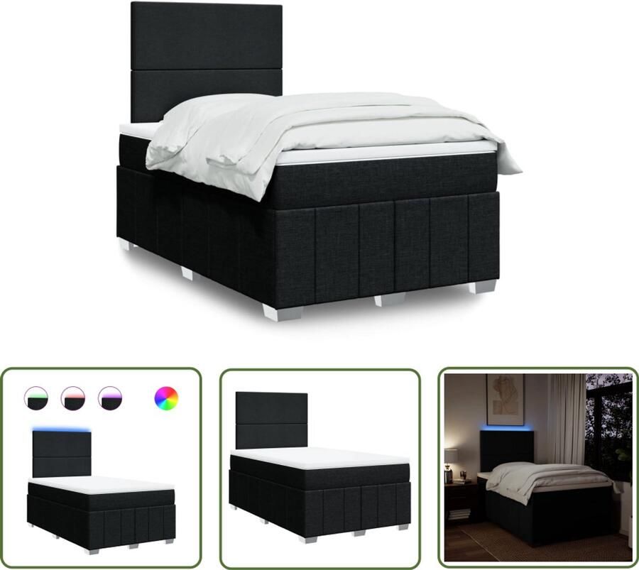 VidaXL Boxspring met matras stof zwart 120x200 cm Boxspring Slaapcomfort Pocketveringmatras Led Verlichting Hoofdbord