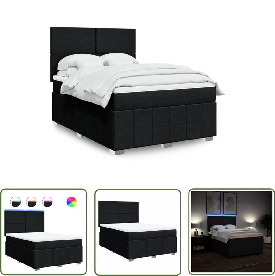 VidaXL Boxspring met matras stof zwart 160x200 cm Boxspring Slaapcomfort Matras Led Verlichting Hoofdbord - Foto 2