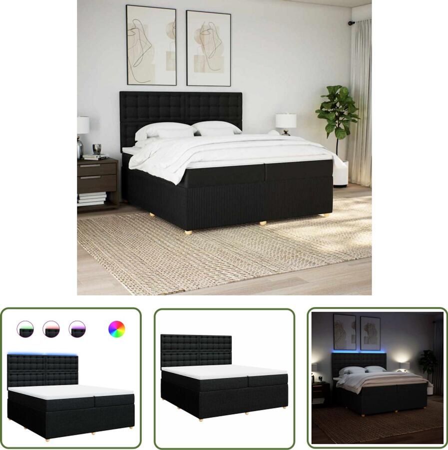 VidaXL Boxspring met matras stof zwart 200x200 cm Boxspring Slaapcomfort Matras Led Verlichting Hoofdbord