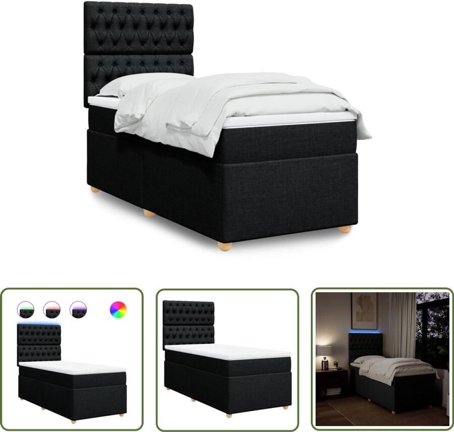 VidaXL Boxspring met matras stof zwart 90x190 cm Boxspring Slaapcomfort Boxspringbed Led Verlichting Hoofdbord