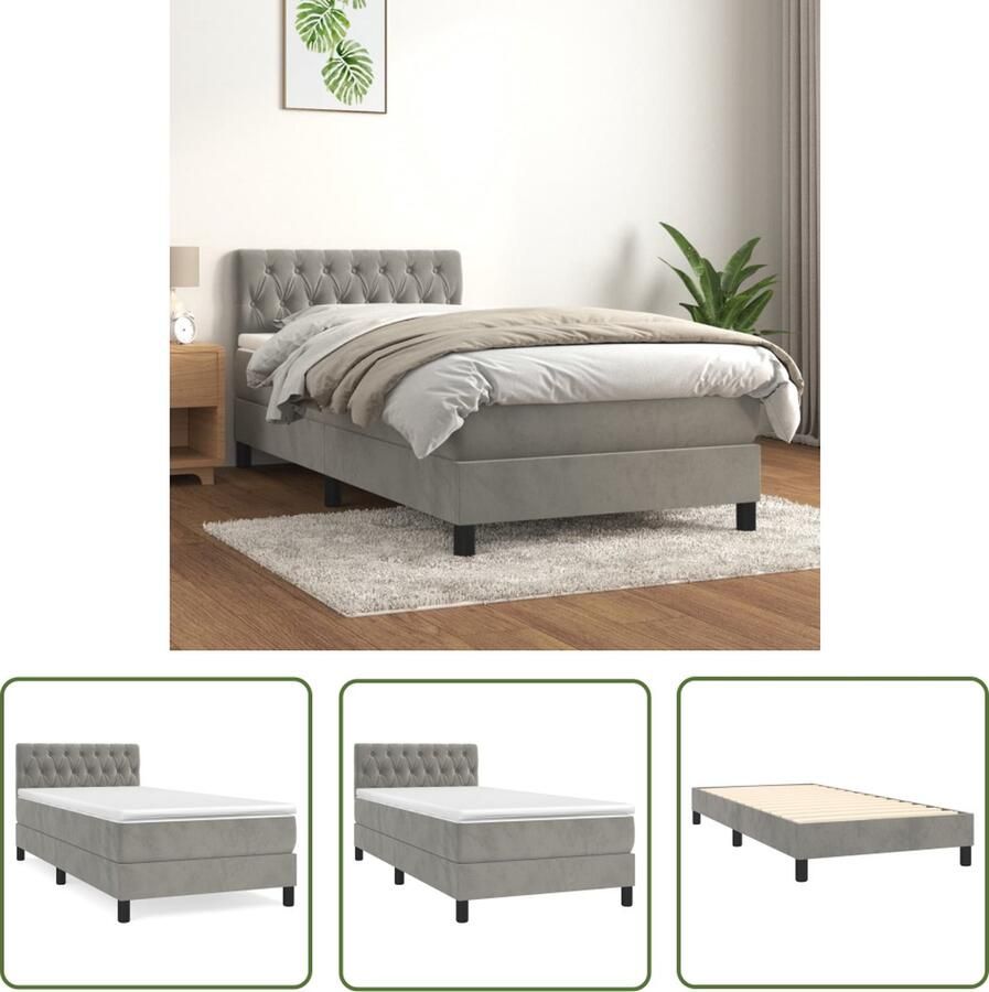 The Living Store Boxspringbed Slaapcomfort 193x90x78 88cm Lichtgrijs Fluweel Middelhard Bedmatras 90x190x20cm Wit Lichtgrijs Pocketvering Huidvriendelijk Topmatras 90x190cm Wit
