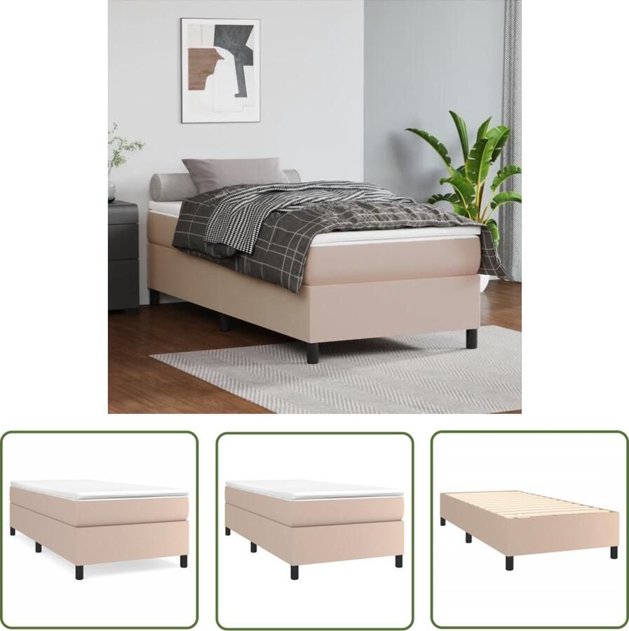 The Living Store Boxspringbed Kunstleren bedframe Pocketvering matras Middelharde ondersteuning Huidvriendelijk topmatras Cappuccino 193x90x35cm 90x190x20cm matras 90x190x5cm topmatras