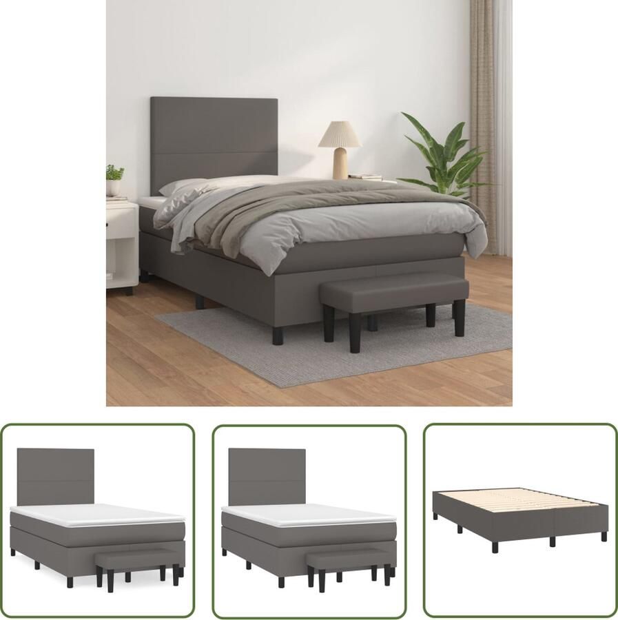 The Living Store Boxspringbed Grijs Kunstleer 203x120x118 128 cm Met verstelbaar hoofdbord Pocketvering matras Huidvriendelijk topmatras Multifunctioneel bankje Boxspringbed Slaapcomfort Boxspring Tweepersoonsbed Designbed