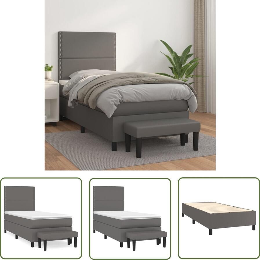 The Living Store Bed Boxspring Grijs Kunstleer 203 x 90 x 118 128 cm Verstelbaar hoofdbord Pocketvering matras Middelharde ondersteuning Huidvriendelijk topmatras Multifunctioneel bankje