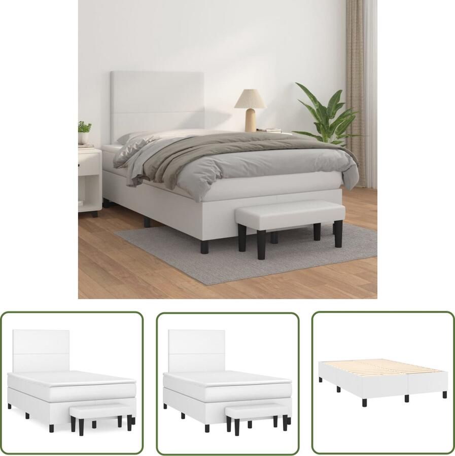 The Living Store Boxspringbed Wit kunstleer 203 x 120 x 118 128 cm Verstelbaar hoofdbord Pocketvering matras Middelharde ondersteuning Huidvriendelijk topmatras Multifunctioneel bankje