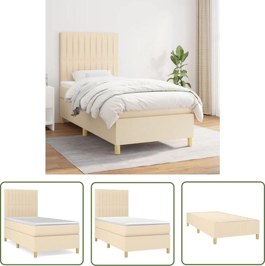 The Living Store Boxspringbed Bed 203 x 83 x 118 128 cm crème Stof Pocketvering matras Boxspringbed Slaapcomfort Pocketveermatras Crème Kleurtje Hoofdboard