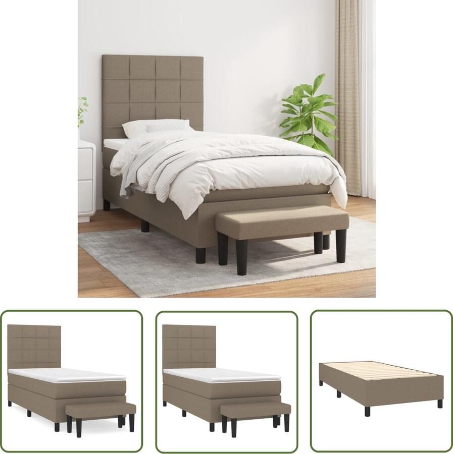 The Living Store Boxspring met matras stof taupe 90x200 cm Boxspringbed Slaapcomfort Pocketvering Verstelbare Hoofdbord Duurzaam Materiaal
