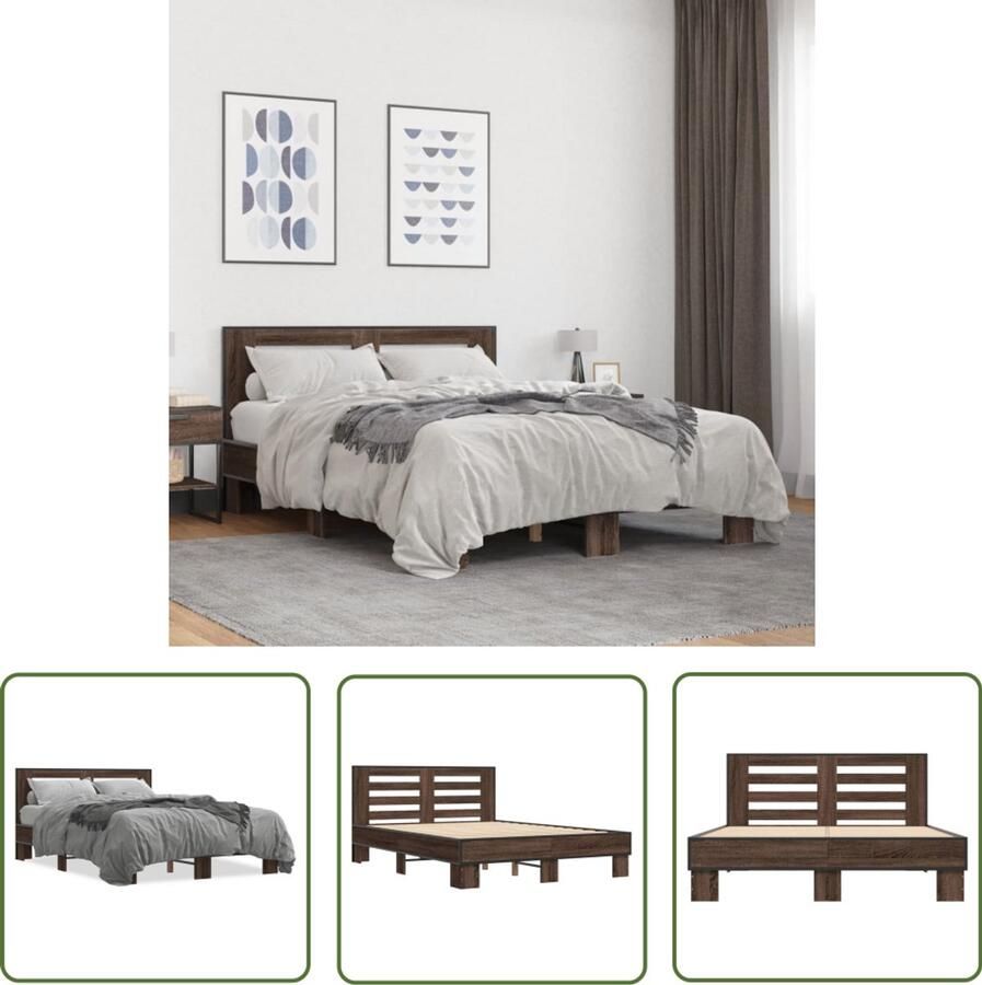 VidaXL Slaapcomfort Bruin Houten Bed Frame Bedframe bewerkt hout metaal bruin eikenkleur 140x190 cm Tweepersoons Bed Frame 140x190 Design Bed Frame