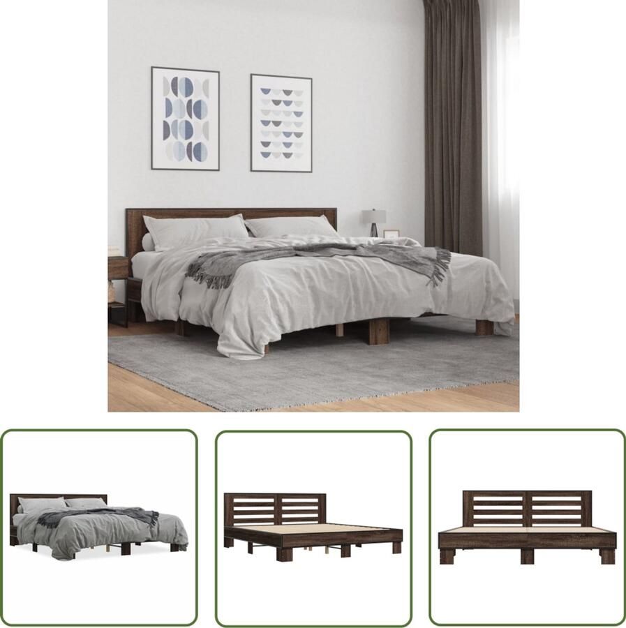 VidaXL Slaapcomfort Bruin Houten Bed Frame Bedframe bewerkt hout metaal bruin eikenkleur 200x200 cm Tweepersoons Bed Boxspring Alternatief Modern Design