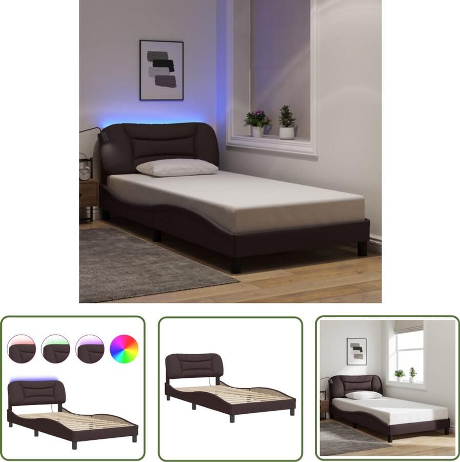 VidaXL Slaapcomfort Elegant Bed Frame Bedframe met LED zonder matras Hvar 100x200 cm stof donkerbruin Led Lamp Hoofdkussens Bruine Bedden