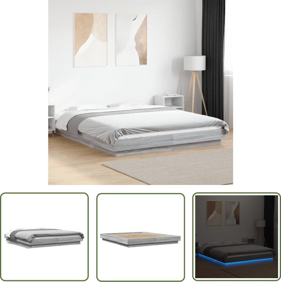 The Living Store LED Bed grijs sonoma eiken 150x200 cm stabiele lattenbodem RGB-verlichting LED Bed Slaapcomfort Houten Bed Frame Sonoma Eiken Grijze Bed