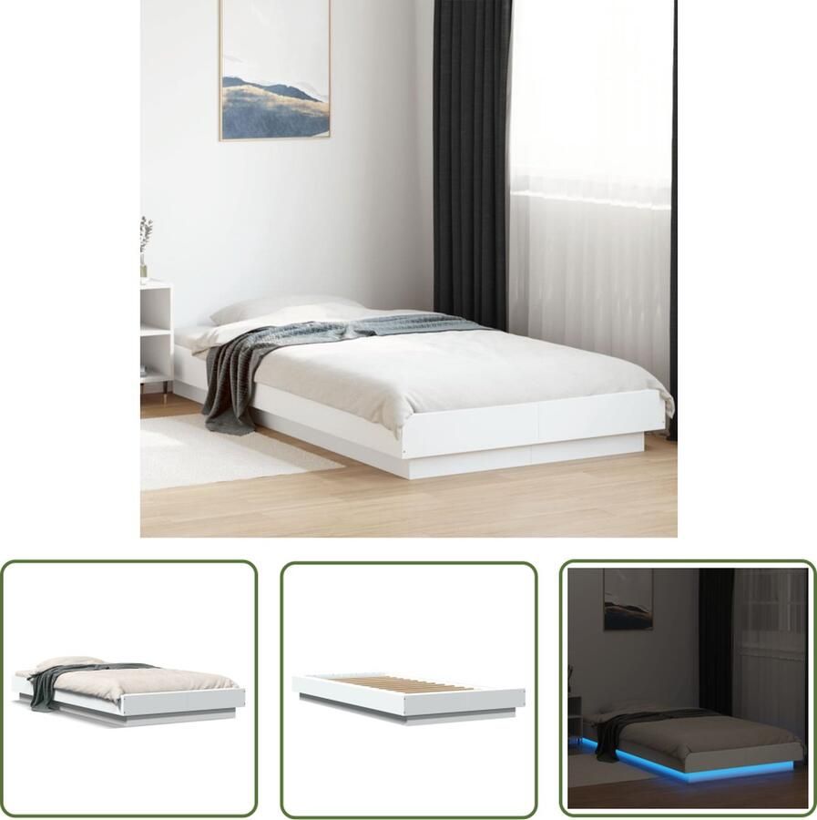 The Living Store Bedframe met LED-verlichting bewerkt hout wit 75x190 cm LED Bed Frame Slaapcomfort RGB Verlichting Houten Bedframe Witte Bedbank