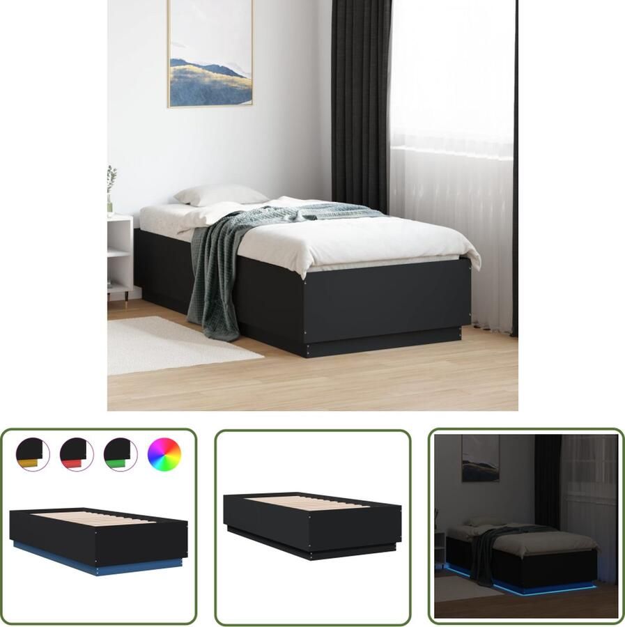 The Living Store Bedframe met LED-verlichting bewerkt hout zwart 90x190 cm LED Bed Frame Slaapcomfort Rgb Led Verlichting Houten Bedframe Tweepersoons Bed