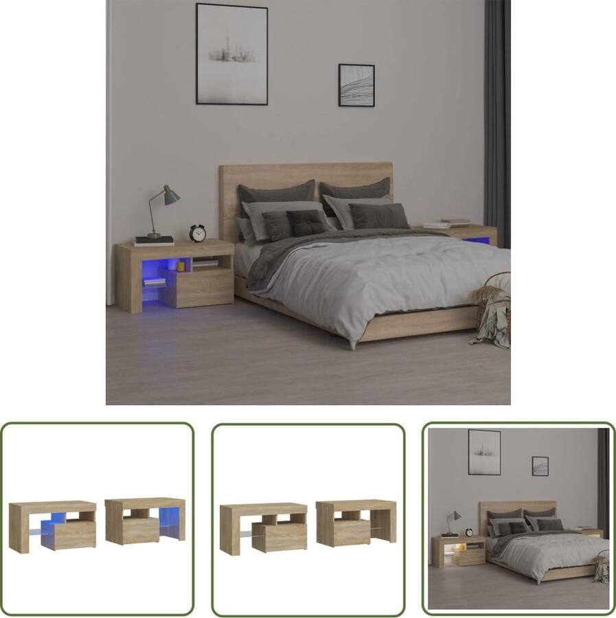 The Living Store Nachtkastjes Sonoma Eiken 70 x 36.5 x 40 cm LED Verlichting 2 Stuks Nachtkastjes Slaapkamer Meubilair Houten Meubilair Led Lampen Bruine Meubelen