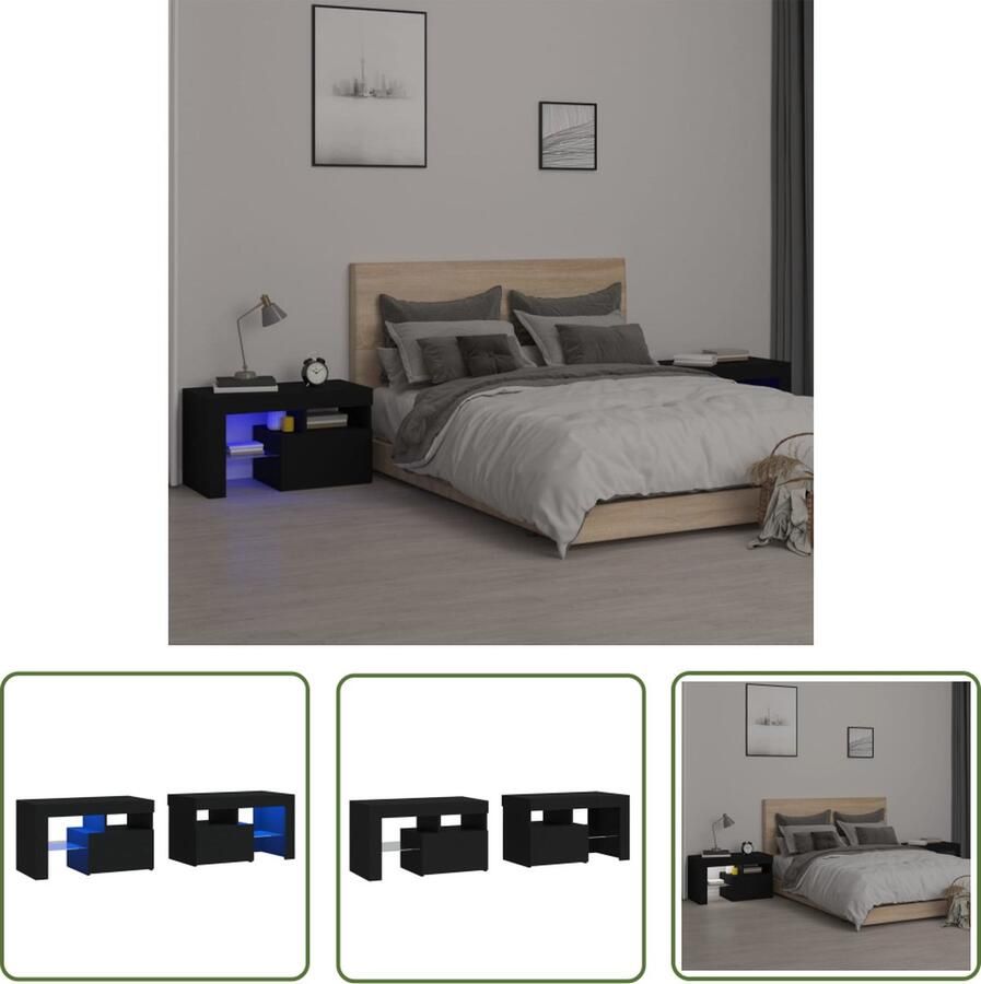 The Living Store Nachtkastjes 2 st LED-verlichting 70x36 5x40 cm hoogglans zwart Nachtkastjes Slaapkamerkasten Led Verlichting Houten Kasten Black Furniture