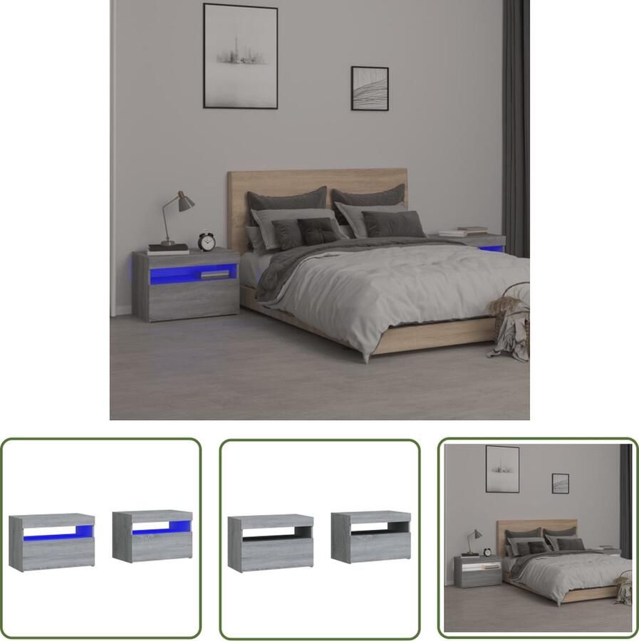 The Living Store Nachtkastjes Slaapkaastjes met LED-verlichting 60 x 35 x 40 cm Trendy en praktisch Nachtkastjes Slaapkamerkasten Led Verlichting Houten Meubilair Grijze Meubels