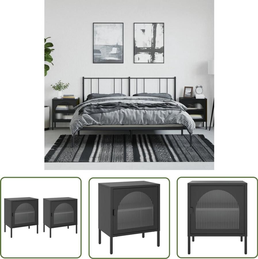 The Living Store Nachtkastjes 2 st 50x35x60 cm glas en staal zwart Nachtkastjes Slaapkamermeubilair Staalkasten Glazen Kastjes Zwarte Meubels