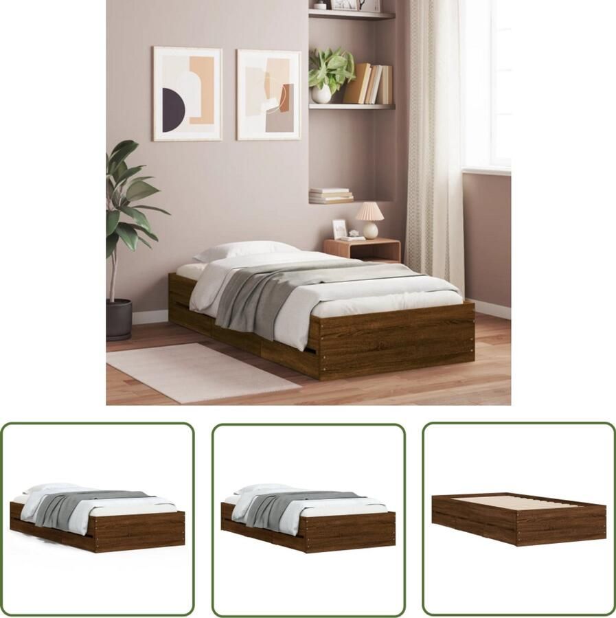 VidaXL Slaapkamersdecoratie Bruin Houten Bed Bedframe met lades bewerkt hout bruin eikenkleur 75x190 cm Bed Frame Met Laden Tweepersoonsbed Compact Bed