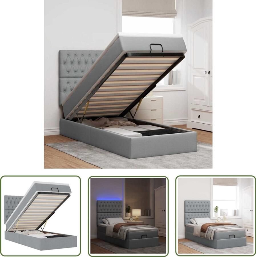 VidaXL Ottoman bed met matras en LED's 100x200cm stof lichtgrijs Ottoman Bed Boxspringbed Led Lampen Slaapcomfort Opbergruimte