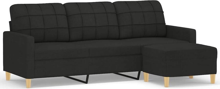 The Living Store Driezitsbank met voetenbank 180 cm stof zwart 3-zitsbank Sofa Loungehoek Zwarte Bank Bankstel