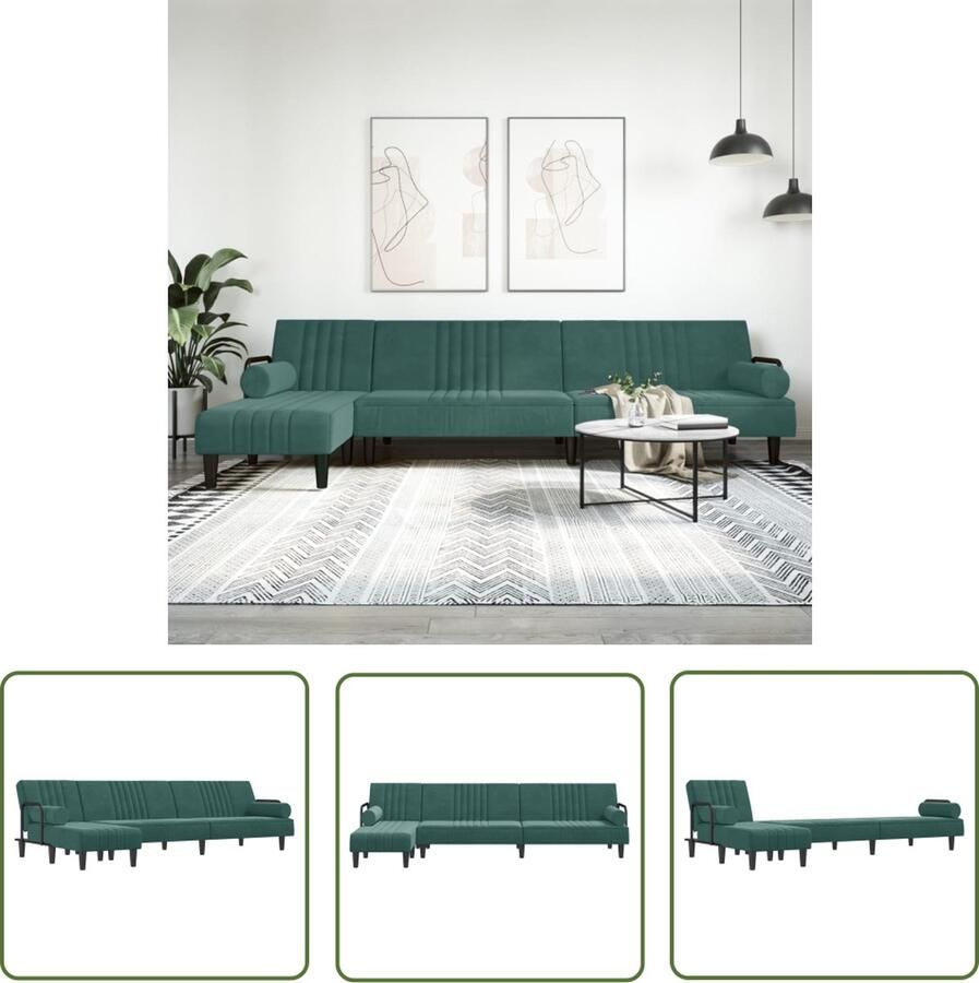 The Living Store Slaapbank L-vormig 260x140x70 cm fluweel donkergroen Slaapbank Sofa Bed Lounge Sofa Hoekbank Donkere Kleuren