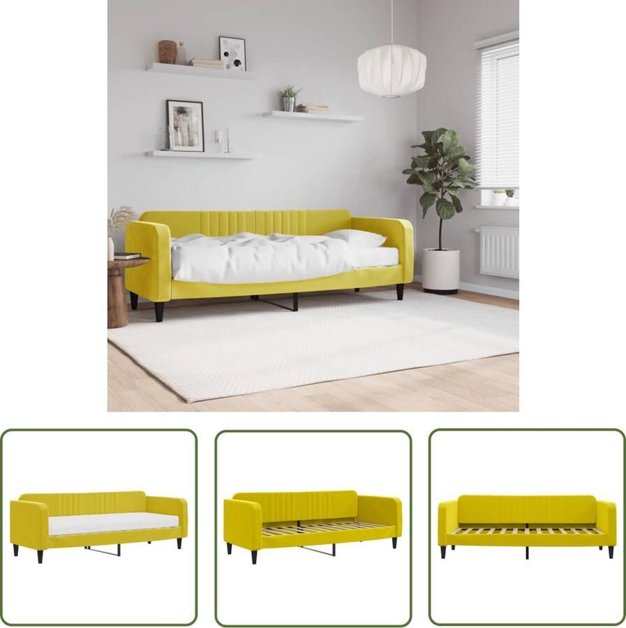 The Living Store Slaapbank Geel Fluweel- 223x90x75cm- 80x200x17cm Schuimmatras 2-in-1 slaapbank Sofa Bed Tweepersoons Bed Geel Sofa Fluweelsofa