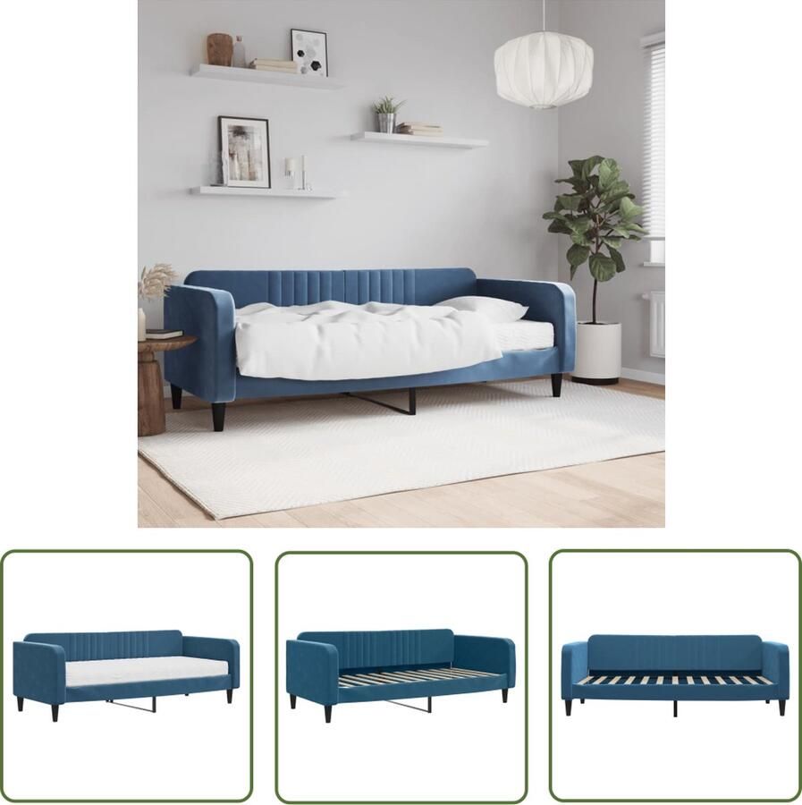 The Living Store Slaapbank Blauw 223x100x75 cm Schuimmatras Fluweel Slaapbank Sofa Bed Tweepersoonsbed Blauwe Meubels Fluweel Meubel