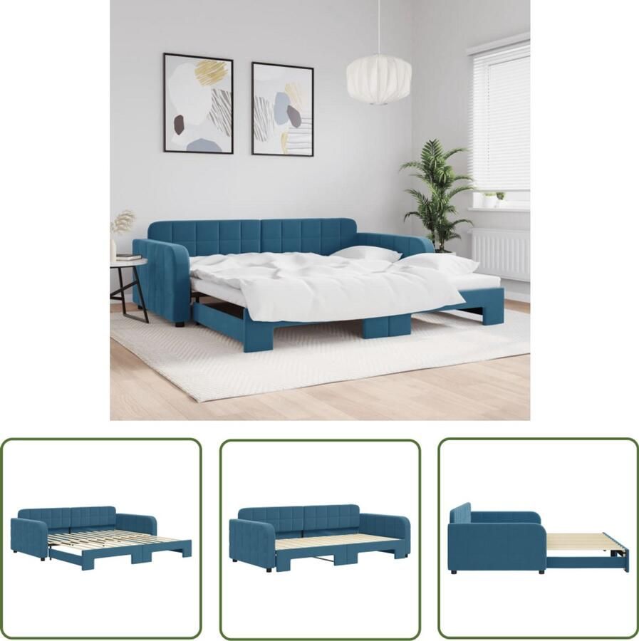 The Living Store Slaapbank met onderschuifbed 100x200 cm fluweel blauw Slaapbank Sofa Bed Tweepersoons Bed Blauwe Meubels Lounge Furniture
