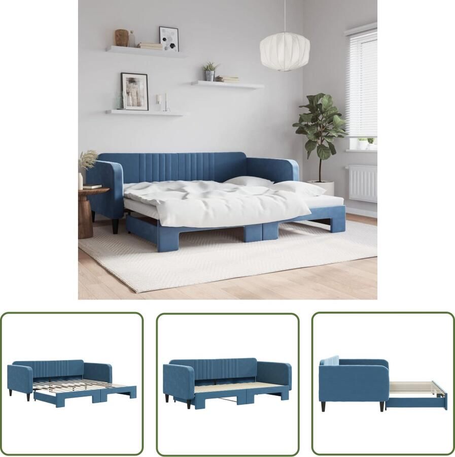 The Living Store Slaapbank met onderschuifbed 100x200 cm fluweel blauw Slaapbank Sofa Bed Tweepersoonsbed Lounge Meubilair Zitbank