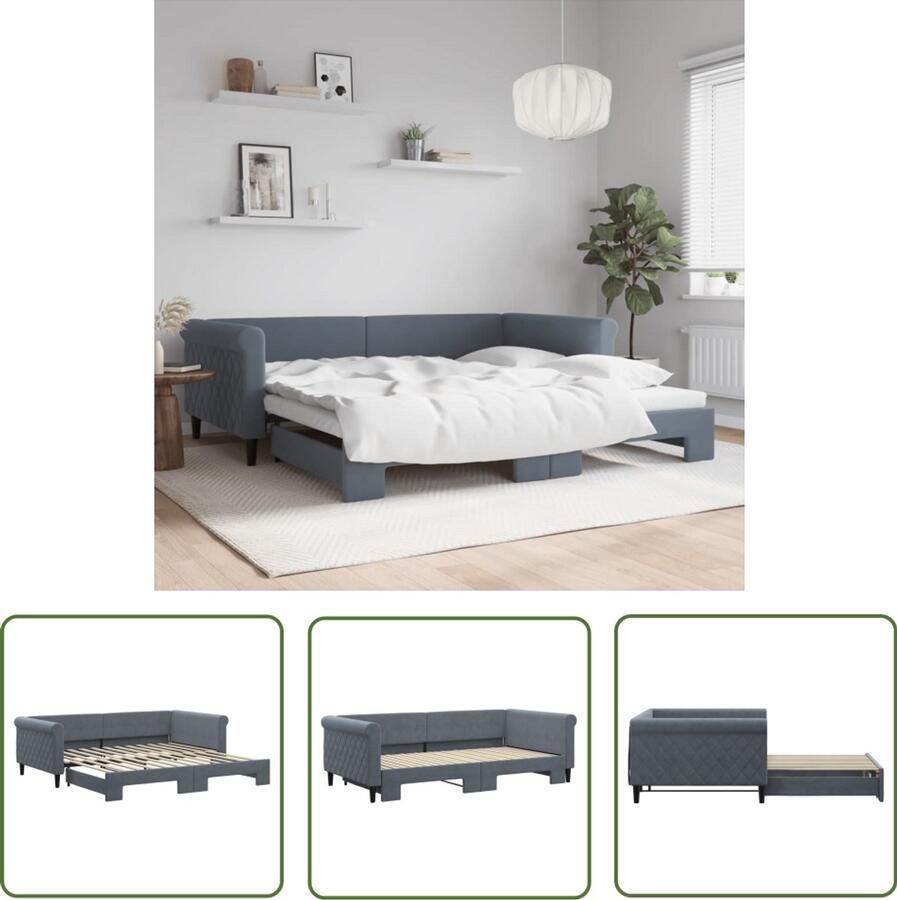 VidaXL Slaapbank met onderschuifbed 100x200 cm fluweel donkergrijs Slaapbank Sofa Bed Tweepersoonsbed Donkere Kleuren Lounge Furniture