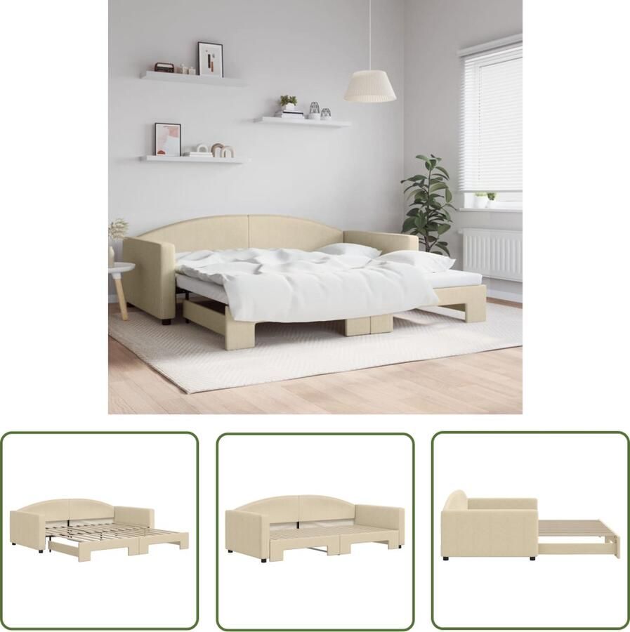 The Living Store Slaapbank met onderschuifbed 100x200 cm stof crèmekleurig Slaapbank Sofa Bed Tweepersoons Bed Crème Kleurige Meubels Moderne Slaapkamer