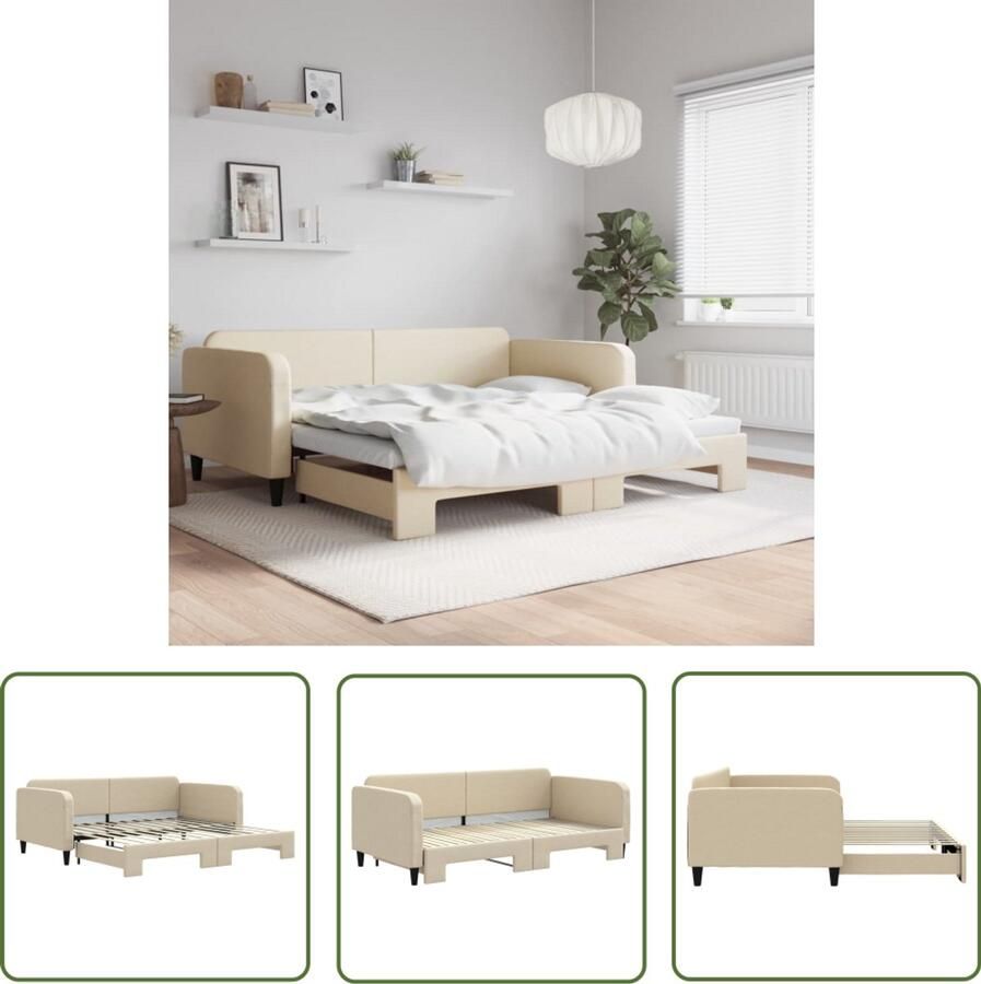 The Living Store Slaapbank met onderschuifbed 100x200 cm stof crèmekleurig Slaapbank Sofa Bed Tweepersoonsbed Creme Kleurtje Stoffen Bank