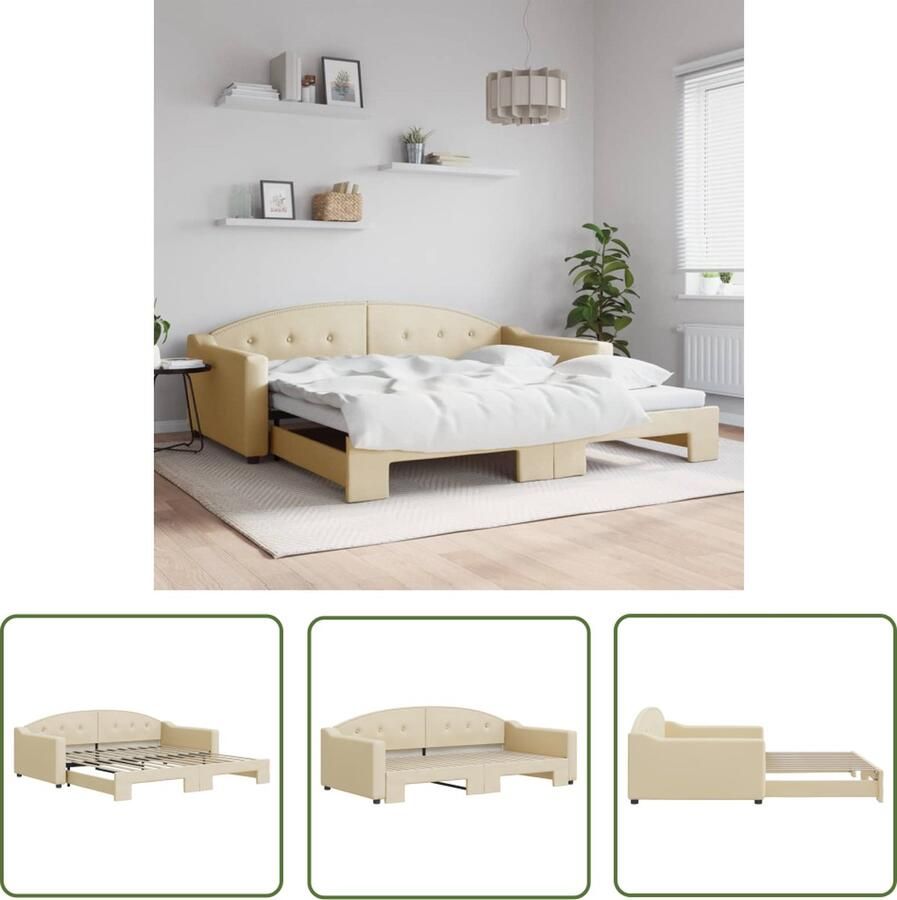 The Living Store Slaapbank Met Onderschuifbed 223x110x75 cm Crème Duurzame stof Solide constructie Geschikt voor 100x200 cm matrassen Slaapbank Sofa Bed Tweepersoonsbed Crème Kleurig Stoffen Bank