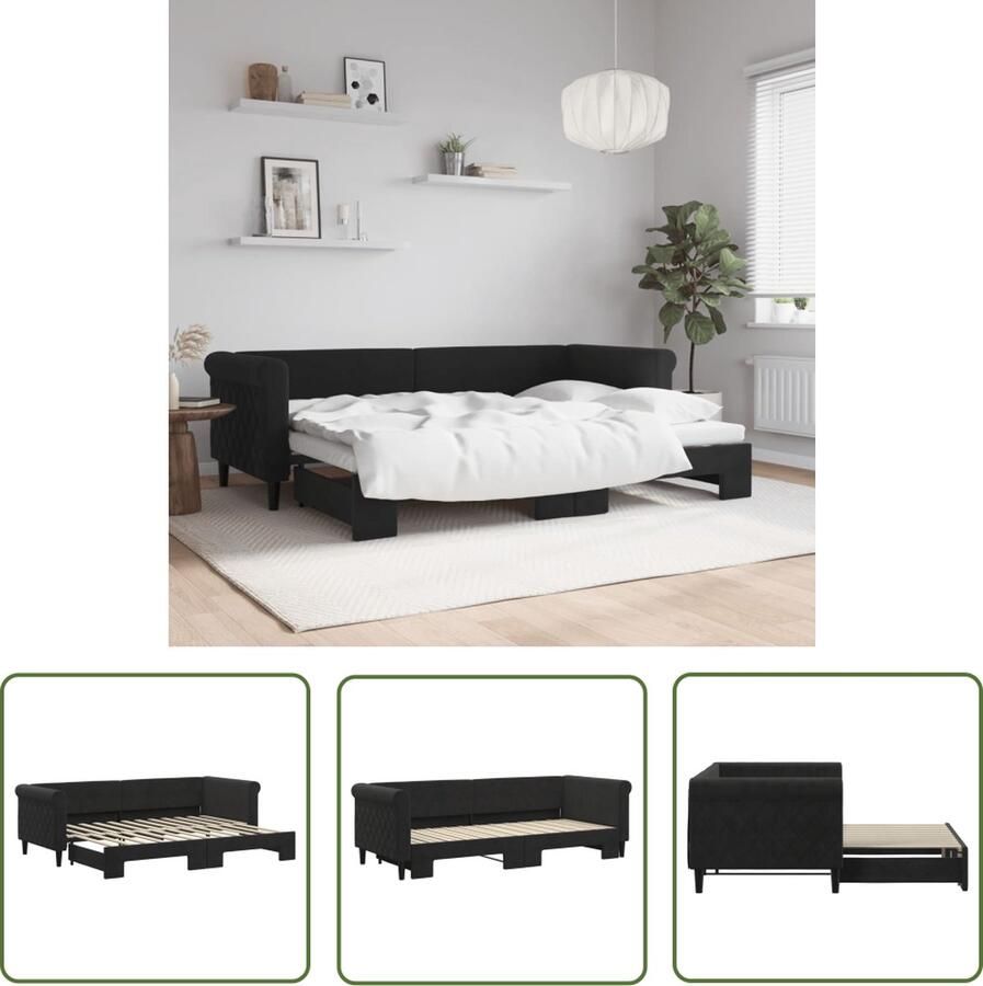 The Living Store Slaapbank Modern 2-in-1 Zwart Fluweel 229x90x68 cm Inclusief Matrassen Slaapbank Sofa Bed Tweepersoons Bed Zwarte Slaapbank Fluweelslaapbank