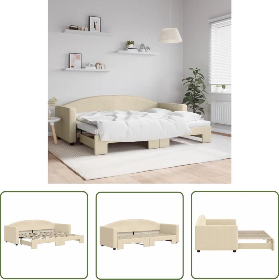 The Living Store Slaapbank met onderschuifbed 80x200 cm stof crèmekleurig Slaapbank Sofa Bed Tweepersoonsbed Comfortabele Bank Stoffen Bank