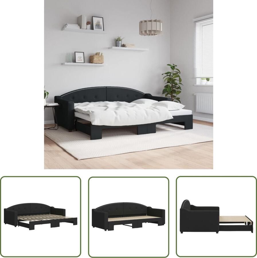 The Living Store Slaapbank met onderschuifbed 80x200 cm stof zwart Slaapbank Sofa Bed Tweepersoons Bed Zwarte Slaapbank Stoffen Slaapbank