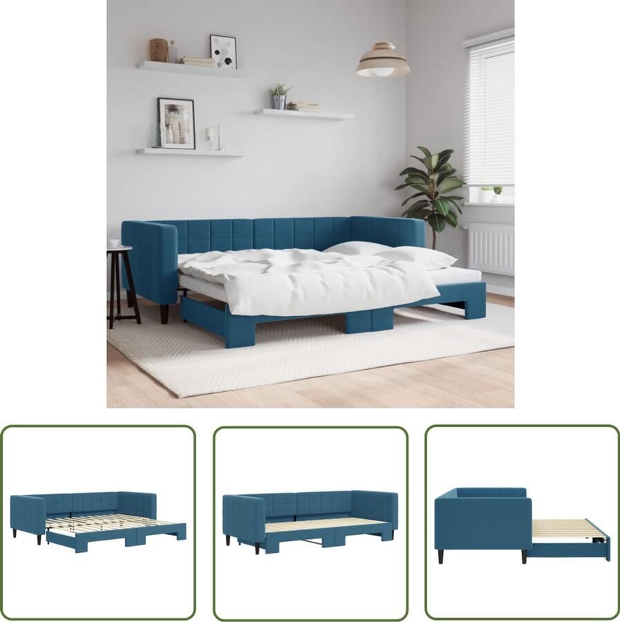 The Living Store Slaapbank met onderschuifbed 90x200 cm fluweel blauw Slaapbank Sofa Bed 2-in-1 Bank Lounge Meubilair Blablauwe Bank