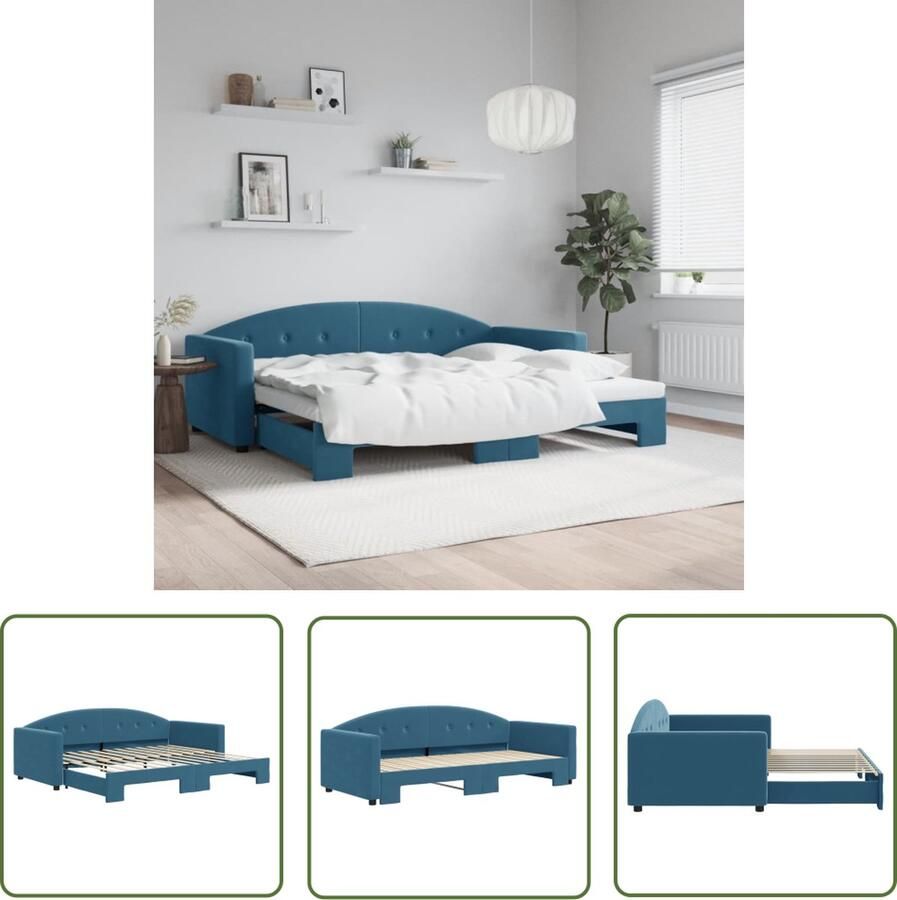 The Living Store Slaapbank met onderschuifbed 90x200 cm fluweel blauw Slaapbank Sofa Bed Tweepersoons Bed Fluweelsofa Blauwe Meubels