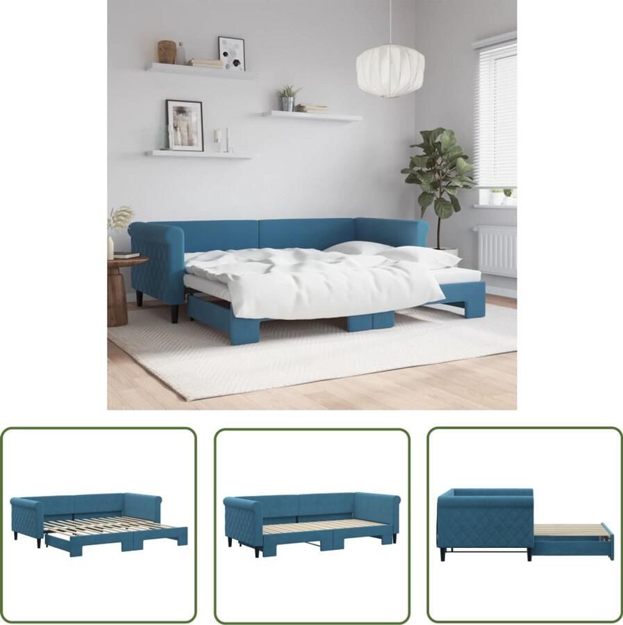 The Living Store Slaapbank met onderschuifbed 90x200 cm fluweel blauw Slaapbank Sofa Bed Tweepersoonsbed Guest Bed Lounge Bed