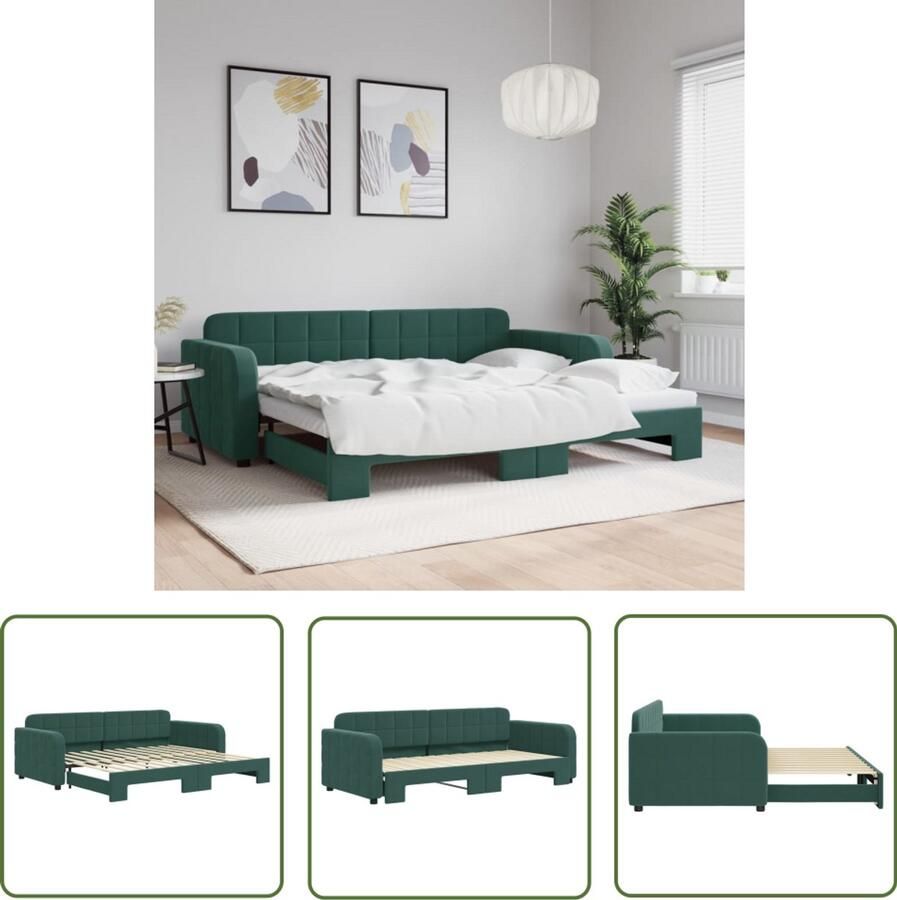 The Living Store Slaapbank met onderschuifbed 90x200 cm fluweel donkergroen Slaapbank Sofa Bed Tweepersoonsbed Donkere Meubels Fluweel Meubel