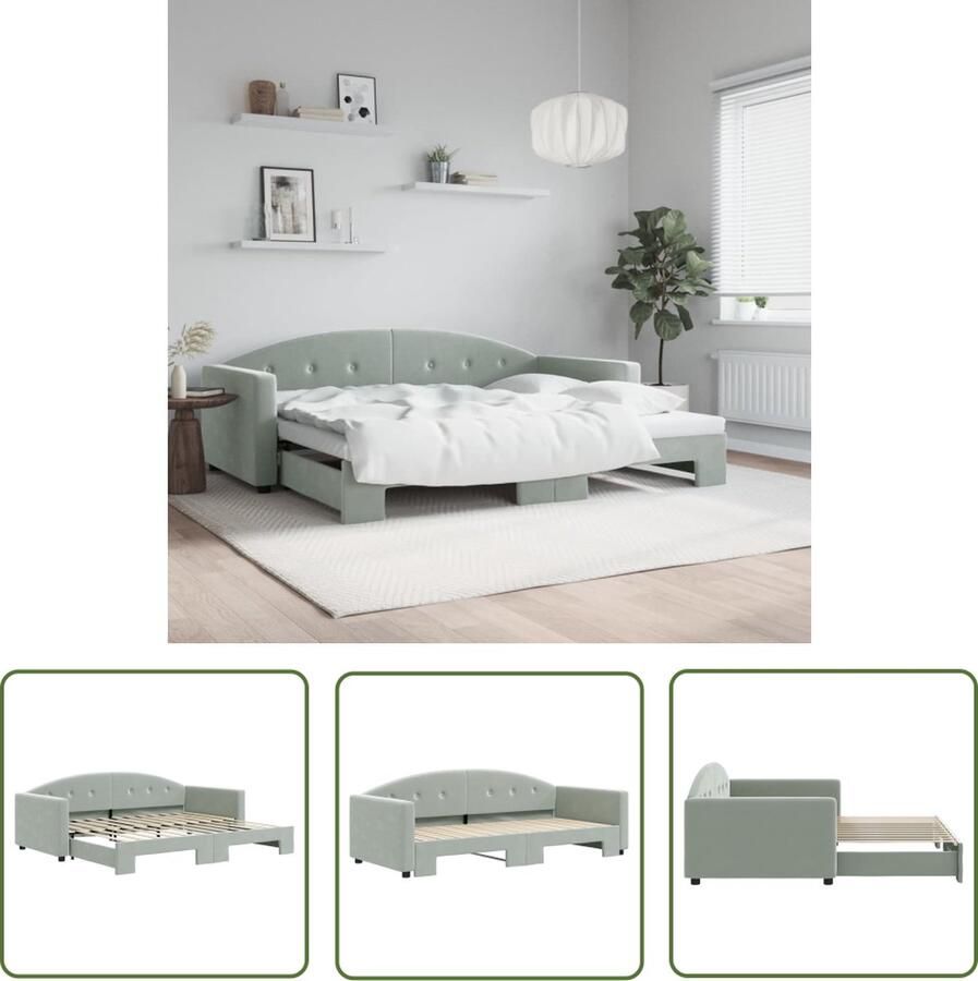 The Living Store Slaapbank met onderschuifbed 90x200 cm fluweel lichtgrijs Slaapbank Sofa Bed Tweepersoonsbed Minimalistisch Meubilair Grijs Meubilair