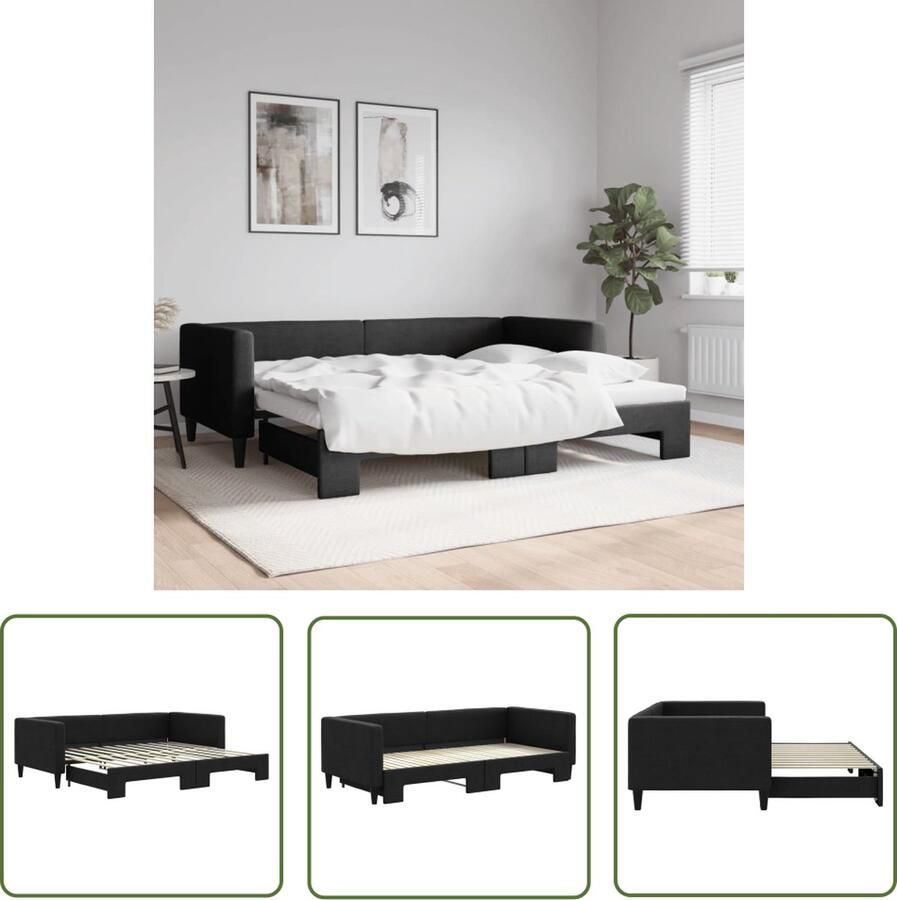 VidaXL Slaapbank met onderschuifbed 90x200 cm stof zwart Slaapbank Sofa Bed Tweepersoons Bed Zwarte Meubels Design Meubel