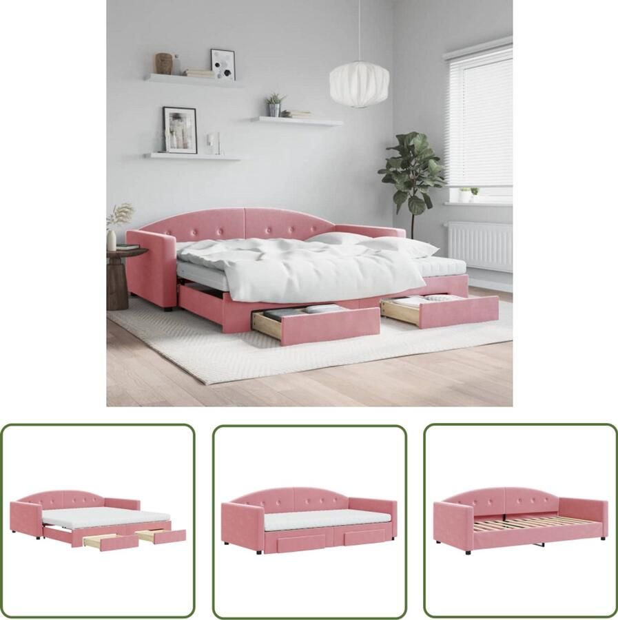 The Living Store Slaapbank met onderschuifbed en lades 100x200 cm fluweel roze Slaapbank Sofa Bed Tweepersoonsbed Rozerode Meubels Loungemeubel